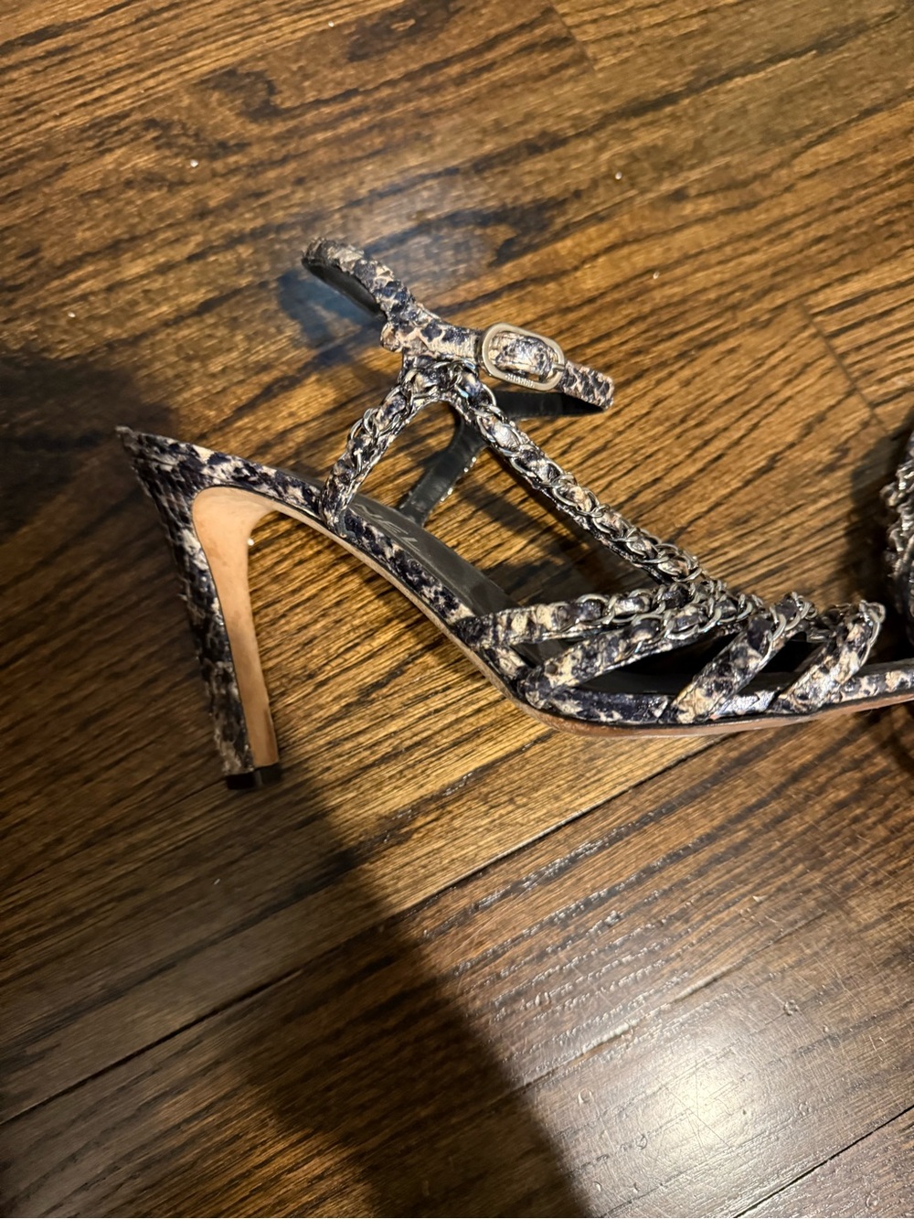 CHANEL Snake-Print Strappy High Heel Sandals - Black/Tan